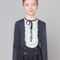 Блузка трикотажная с жабо и нарядными пуговицами, синяя