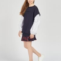 Блузка комбинированная с пышными рукавами, темно-синий, белый